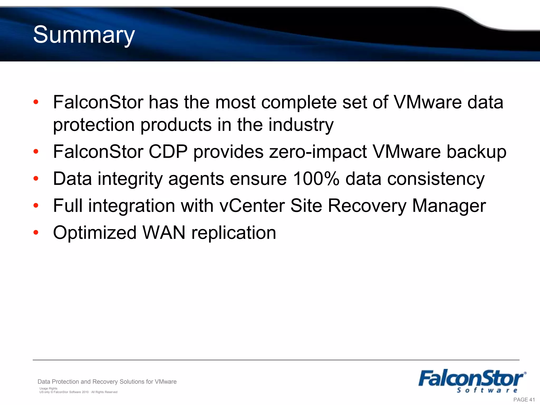 Heterogeneous Replication – Any to Any DiskPrimary SiteRemote SiteManagementdataVMware vCenter Server with Site Recovery ManagerVMware vCenter Server with Site Recovery ManagerVMwareESX ServerVMwareESX ServerVMwareESX ServerVMwareESX ServerHeterogeneous ReplicationWith Auto-failback SupportAny storageDisk Vendor BAny storageDisk Vendor A