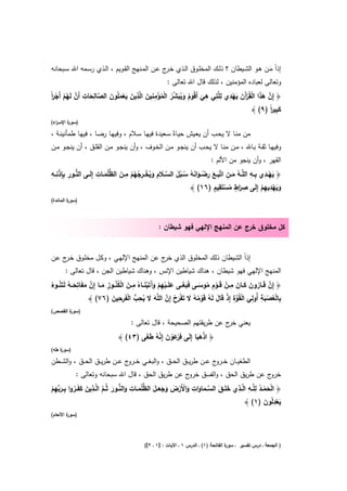 ‫إذاً ﻣــن ﻫــو اﻟﺷــﻳطﺎن ؟ ذﻟــك اﻟﻣﺧﻠــوق اﻟــذي ﺧـ ج ﻋــن اﻟﻣــﻧﻬﺞ اﻟﻘــوﻳم ، اﻟــذي رﺳــﻣﻪ اﷲ ﺳــﺑﺣﺎﻧﻪ‬
                                                    ‫ـر‬                                             ‫َ‬
                                                     ‫وﺗﻌﺎﻟﻰ ﻟﻌﺑﺎدﻩ اﻟﻣؤﻣﻧﻳن ، ﻟذﻟك ﻗﺎﻝ اﷲ ﺗﻌﺎﻟﻰ :‬
‫﴿ إِن ﻫذا اﻟﻘُرَن ﻳﻬدي ِﻠﱠﺗﻲ ﻫﻲ أَﻗْوم وﻳﺑﺷر اﻟﻣؤﻣﻧﻳن اﻟﱠذﻳن ﻳﻌﻣﻠُون اﻟﺻﺎﻟﺣﺎت أَن ﻟَﻬم أَﺟرً‬
 ‫َ ُ َ َُ ﱢ ُ ْ ُ ْ ِ ِ َ ِ َ َ ْ َ َ ﱠ ِ َ ِ ﱠ ُ ْ ْ ا‬
                                                             ‫َ‬
                                                               ‫ﱠ ََ ْ آ َ ِ ﻟ ِ ِ‬
                                                                        ‫ْ َْ‬
                                                                                        ‫َِ ا‬
                                                                                ‫ﻛﺑﻳرً )٩( ﴾‬
‫) ة اﻹﺳ اء(‬
  ‫ر‬     ‫ﺳور‬

‫ﻣن ﻣﻧـﺎ ﻻ ﻳﺣـب أن ﻳﻌـﻳش ﺣﻳـﺎةً ﺳـﻌﻳدة ﻓﻳﻬـﺎ ﺳـﻼم ، وﻓﻳﻬـﺎ رﺿـﺎ ، ﻓﻳﻬـﺎ طﻣﺄﻧﻳﻧـﺔ ،‬
‫وﻓﻳﻬــﺎ ﺛﻘــﺔ ﺑــﺎﷲ ، ﻣــن ﻣﻧــﺎ ﻻ ﻳﺣــب أن ﻳﻧﺟــو ﻣــن اﻟﺧــوف ، وأن ﻳﻧﺟــو ﻣــن اﻟﻘﻠــق ، أن ﻳﻧﺟــو ﻣــن‬
                                                                             ‫اﻟﻘﻬر ، وأن ﻳﻧﺟو ﻣن اﻷﻟم :‬
‫ﱡ ِ ِ ذِ ِ‬                ‫ِ َ ظ ِ‬                       ‫ِ‬                                        ‫ِ ِِ‬
‫﴿ ﻳﻬــدي ﺑــﻪ اﻟﻠﱠــﻪ ﻣــن اﺗﱠﺑــﻊ رﺿــواﻧﻪ ﺳــﺑﻝ اﻟﺳــﻼم وﻳﺧــرﺟﻬم ﻣــن اﻟ ﱡﻠُﻣــﺎت إِﻟَــﻰ اﻟﻧــور ﺑِﺈ ْﻧــﻪ‬
                              ‫َ‬            ‫ُ َ ِ َ َ ِ ْ َ َ ُ ُ ُ َ ﱠ َ َ ُ ْ ِ ُ ُْ‬                     ‫َْ‬
                                                                             ‫ٍِ‬         ‫ِ ٍ‬
                                                                   ‫وﻳﻬدﻳﻬم إِﻟَﻰ ﺻ َاط ﻣﺳﺗَﻘﻳم )٦١( ﴾‬      ‫ِ‬
                                                                                   ‫ر ُ ْ‬              ‫ََ ْ ِْ‬
‫) ة اﻟﻣﺎﺋدة(‬
         ‫ﺳور‬



                                                   ‫ﻛﻝ ﻣﺧﻠوق ﺧرج ﻋن اﻟﻣﻧﻬﺞ اﻹﻟﻬﻲ ﻓﻬو ﺷﻳطﺎن :‬


‫إذاً اﻟﺷﻳطﺎن ذﻟك اﻟﻣﺧﻠوق اﻟذي ج ﻋن اﻟﻣﻧﻬﺞ اﻹﻟﻬـﻲ ، وﻛـﻝ ﻣﺧﻠـوق ﺧ ج ﻋـن‬
     ‫ـر‬                                 ‫ﺧر‬
      ‫اﻟﻣﻧﻬﺞ اﻹﻟﻬﻲ ﻓﻬو ﺷﻳطﺎن ، ﻫﻧﺎك ﺷﻳﺎطﻳن اﻹﻧس ، وﻫﻧﺎك ﺷﻳﺎطﻳن اﻟﺟن ، ﻗﺎﻝ ﺗﻌﺎﻟﻰ :‬
              ‫ِ‬                          ‫ْ ِ آ َْ ِ‬                                      ‫ِ‬
‫﴿ إِن ﻗَــﺎرون ﻛــﺎن ﻣــن ﻗَــوم ﻣوﺳــﻰ ﻓَﺑﻐــﻰ ﻋﻠَــﻳﻬم وَﺗَﻳﻧــﺎﻩُ ﻣــن اﻟﻛﻧــوز ﻣــﺎ إِن ﻣﻔَﺎﺗﺣــﻪ ﻟَﺗَﻧــوء‬
‫َ ْ ُُ ِ َ ﱠ َ َ ُ ُ ُ‬                               ‫ﱠ ُ َ َ َ ْ ِْ ُ َ ََ َ ْ َ‬
                               ‫ِ ْ ُ ْ َ ِ ِ ْ ﱠ ِ ْ َ ُ ْ ُ ُ َ َْ ْ ﱠ َ َ ُ ِ ﱡ ْ ِ ِ َ‬
                    ‫ﺑﺎﻟﻌﺻﺑﺔ أُوﻟﻲ اﻟﻘُوة إِذ ﻗَﺎﻝ ﻟَﻪ ﻗَوﻣﻪ ﻻ ﺗَﻔرح إِن اﻟﻠﱠﻪ ﻻ ﻳﺣب اﻟﻔَرﺣﻳن )٦٧( ﴾‬
‫) ة اﻟﻘﺻص(‬
       ‫ﺳور‬

                                      ‫ﻳﻌﻧﻲ ج ﻋن طرﻳﻘﺗﻬم اﻟﺻﺣﻳﺣﺔ ، ﻗﺎﻝ ﺗﻌﺎﻟﻰ :‬
                                                                        ‫ﺧر‬
                                        ‫ِر َ ْ َ ﱠ ُ َ َ‬
                                ‫﴿ ا ْﻫﺑﺎ إِﻟَﻰ ﻓ ْﻋون إِﻧﻪ طﻐﻰ )٣٤( ﴾‬
                                                              ‫ذ ََ‬
‫) ة طﻪ(‬
    ‫ﺳور‬

‫اﻟطﻐﻳ ــﺎن ﺧ ـ ج ﻋ ــن طرﻳ ــق اﻟﺣ ــق ، واﻟﺑﻐ ــﻲ ﺧ ـ ج ﻋ ــن طرﻳ ــق اﻟﺣ ــق ، واﻟﺷ ــطن‬
                                   ‫ـرو‬                                     ‫ـرو‬
           ‫ج ﻋن طرﻳق اﻟﺣق ، واﻟﻔﺳق ج ﻋن طرﻳق اﻟﺣق ، ﻗﺎﻝ اﷲ ﺳﺑﺣﺎﻧﻪ وﺗﻌﺎﻟﻰ :‬
                                                  ‫ﺧرو‬                     ‫ﺧرو‬
                   ‫ﱠ ِ‬             ‫َْْ ُ ِ ِ ِ َ َ ﱠ َ ِ َ ْ ْ َ َ ََ َ ﱡ ِ ﱡ‬
‫﴿ اﻟﺣﻣــد ﻟﻠﱠــﻪ اﻟﱠــذي ﺧﻠَــق اﻟﺳــﻣﺎوات واﻷَرض وﺟﻌــﻝ اﻟظﻠُﻣــﺎت واﻟﻧــور ﺛُـم اﻟﱠــذﻳن ﻛﻔَــروا ﺑــرﺑﻬم‬
‫َ َ ُ ِ َﱢ ِ ْ‬                 ‫َ َ َ‬                                 ‫َ‬
                                                                                         ‫ﻳﻌدﻟُون )١( ﴾‬‫َ ِْ َ‬
‫) ة اﻷﻧﻌﺎم(‬
        ‫ﺳور‬




                                             ‫ة اﻟﻔﺎﺗﺣﺔ )١( ـ اﻟدرس ١ ـ اﻵﻳﺎت : ]١ ـ ٢[(‬
                                                                                      ‫) اﻟﺟﻣﻌﺔ ـ درس ﺗﻔﺳﻳر ـ ﺳور‬
 