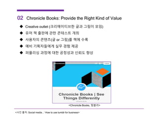 <Chronicle Books, 텀블러>
02 Chronicle Books: Provide the Right Kind of Value
 Creative outlet (크리에이티브한 글과 그림이 모임)
 유머 책 출판에 관한 콘테스트 개최
 사용자의 콘텐츠(글 or 그림)를 책에 수록
 예비 기획자들에게 실무 경험 제공
 퍼플리싱 과정에 대한 공정성과 신뢰도 향상
<사진 출처: Social media , ‘ How to use tumblr for business>
 