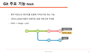 made by jylee 11
- 원격 저장소의 데이터를 로컬에 가져오기만 하는 기능
- ‘FETCH_HEAD’이름의 브랜치로 로컬 저장소에 가져옴
- Fetch + merge = pull
Git 주요 기능-fetch
 