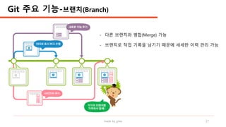 made by jylee 17
Git 주요 기능-브랜치(Branch)
- 다른 브랜치와 병합(Merge) 가능
- 브랜치로 작업 기록을 남기기 때문에 세세한 이력 관리 가능
 