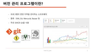 made by jylee 2
- 프로그램의 변경 이력을 관리하는 소프트웨어
- 종류 : SVN, Git, Mercurial, Bazaar 등
- 주로 SVN과 Git을 사용
버전 관리 프로그램이란?
 