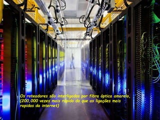 Os roteadores são interligados por fibra óptica amarelo,
(200,000 vezes mais rápido do que as ligações mais
rapidas da internet)
 