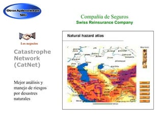 Compañía de Seguros
Swiss Reinsurance Company

Los negocios

Catastrophe
Network
(CatNet)
Mejor análisis y
manejo de riesgos
por desastres
naturales

 