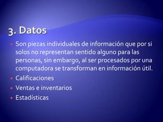 






Son piezas individuales de información que por si
solos no representan sentido alguno para las
personas, sin embargo, al ser procesados por una
computadora se transforman en información útil.
Calificaciones
Ventas e inventarios
Estadísticas

 