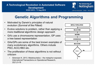 A Technological Revolution in Automated Software
Development
ICOCI 2015 – 11 Aug 2015
Genetic Algorithms and Programming
• Motivated by Darwin’s principles of natural
evolution (Survival of the Fittest)
• Evolve solutions to problem, rather than applying a
more traditional algorithmic design approach
• GA’s use a chromosome representation, GP uses
a tree based representation
• GAs/GPs are some of the best known examples of
many evolutionary algorithms. Others include
PSO, ACO,HBO etc.
• The proliferation of these algorithms is not without
criticism
• Sörensen K. 2013. Metaheuristics – the metaphor exposed.
International Transactions on Operational Research,
22(1):3-18
 