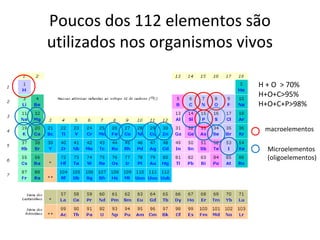 Poucos dos 112 elementos são
utilizados nos organismos vivos

                             H + O > 70%
                             H+O+C>95%
                             H+O+C+P>98%


                              macroelementos

                               Microelementos
                               (oligoelementos)
 