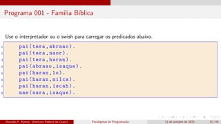 Programa 001 - Familia Bíblica
Use o interpretador ou o swish para carregar os predicados abaixo.
1 pai(tera,abraao).
2 pai(tera,naor).
3 pai(tera,haran).
4 pai(abraao,isaque).
5 pai(haran,lo).
6 pai(haran,milca).
7 pai(haran,iscah).
8 mae(sara,isaque).
Ronaldo F. Ramos (Instituto Federal do Ceará) Paradigmas de Programação 15 de outubro de 2023 31 / 48
 
