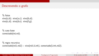 Descrevendo o grafo
% fatos
eixo(a,b). eixo(a,c). eixo(b,d).
eixo(c,d). eixo(d,e). eixo(f,g).
% caso base
conectado(nó,nó).
% regra recursiva
conectado(nó1,nó2) :- eixo(nó1,Link), conectado(Link,nó2).
Ronaldo F. Ramos (Instituto Federal do Ceará) Paradigmas de Programação 15 de outubro de 2023 47 / 48
 