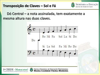 Transposição de Claves – Sol e Fá
Dó Central – a nota assinalada, tem exatamente a
mesma altura nas duas claves.
 