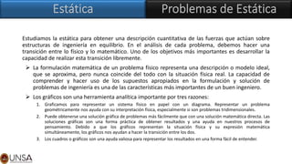 Estudiamos la estática para obtener una descripción cuantitativa de las fuerzas que actúan sobre
estructuras de ingeniería en equilibrio. En el análisis de cada problema, debemos hacer una
transición entre lo físico y lo matemático. Uno de los objetivos más importantes es desarrollar la
capacidad de realizar esta transición libremente.
➢ La formulación matemática de un problema físico representa una descripción o modelo ideal,
que se aproxima, pero nunca coincide del todo con la situación física real. La capacidad de
comprender y hacer uso de los supuestos apropiados en la formulación y solución de
problemas de ingeniería es una de las características más importantes de un buen ingeniero.
➢ Los gráficos son una herramienta analítica importante por tres razones:
1. Graficamos para representar un sistema físico en papel con un diagrama. Representar un problema
geométricamente nos ayuda con su interpretación física, especialmente si son problemas tridimensionales.
2. Puede obtenerse una solución gráfica de problemas más fácilmente que con una solución matemática directa. Las
soluciones gráficas son una forma práctica de obtener resultados y una ayuda en nuestros procesos de
pensamiento. Debido a que los gráficos representan la situación física y su expresión matemática
simultáneamente, los gráficos nos ayudan a hacer la transición entre los dos.
3. Los cuadros o gráficos son una ayuda valiosa para representar los resultados en una forma fácil de entender.
 