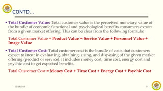 CONTD…
12/14/2021 17
 Total Customer Value: Total customer value is the perceived monetary value of
the bundle of economic functional and psychological benefits consumers expect
from a given market offering. This can be clear from the following formula:
Total Customer Value = Product Value + Service Value + Personnel Value +
Image Value
 Total Customer Cost: Total customer cost is the bundle of costs that customers
expect to incur in evaluating, obtaining, using, and disposing of the given market
offering (product or service). It includes money cost, time cost, energy cost and
psychic cost to get expected benefits.
Total Customer Cost = Money Cost + Time Cost + Energy Cost + Psychic Cost
 