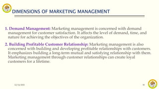 DIMENSIONS OF MARKETING MANAGEMENT
12/14/2021 30
1. Demand Management: Marketing management is concerned with demand
management for customer satisfaction. It affects the level of demand, time, and
nature for achieving the objectives of the organization.
2. Building Profitable Customer Relationship: Marketing management is also
concerned with building and developing profitable relationships with customers.
It emphasizes building a long-term mutual and satisfying relationship with them.
Marketing management through customer relationships can create loyal
customers for a lifetime.
 