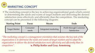 MARKETING CONCEPT
12/14/2021 9
 The marketing concept is the key to achieving organizational goals which consist
in determining the needs and wants of target markets and delivering the desired
satisfaction more effectively and efficiently than the competitors. The marketing
concept can be presented in the following diagram:
“The marketing concept is a management orientation that assumes the key task of the
organization is to determine the needs and wants of target markets and to adopt the
organization to deliver the desired satisfaction more effectively and efficiently than its
competitors”.  Philip Kotler and Gray Armstrong
Starting Point Focus Means Ends
Target Market
Consumer
needs
Integrated marketing
Profit through Customer
Satisfaction
 