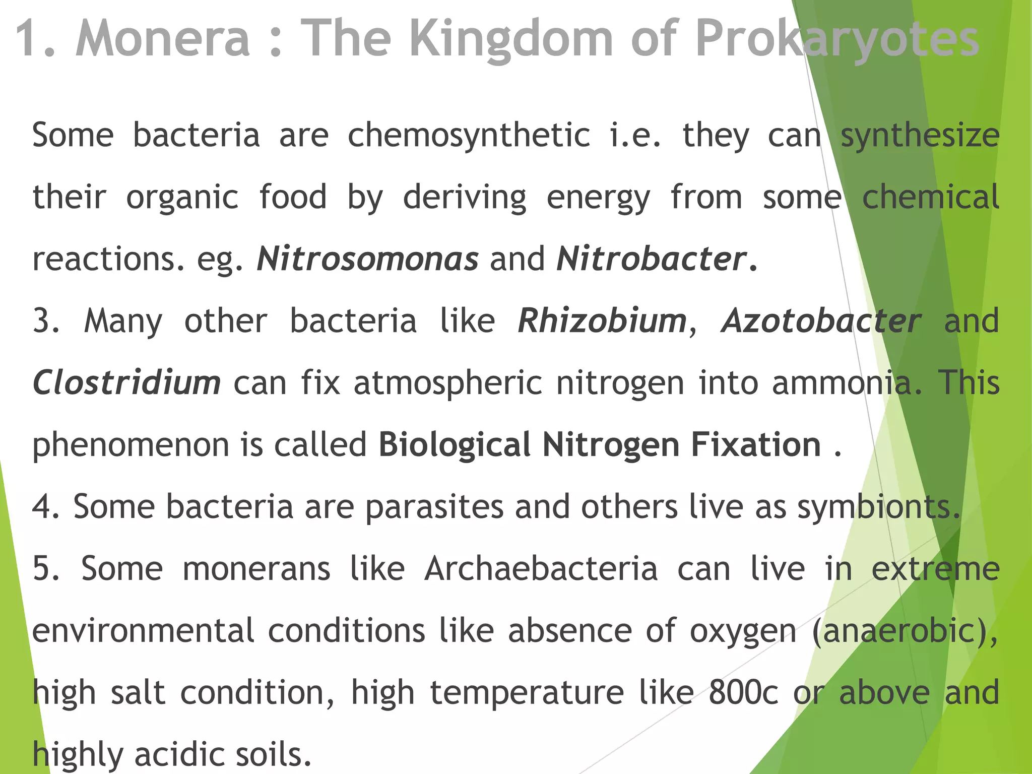 1. Monera : The Kingdom of Prokaryotes
Some bacteria are chemosynthetic i.e. they can synthesize
their organic food by deriving energy from some chemical
reactions. eg. Nitrosomonas and Nitrobacter.
3. Many other bacteria like Rhizobium, Azotobacter and
Clostridium can fix atmospheric nitrogen into ammonia. This
phenomenon is called Biological Nitrogen Fixation .
4. Some bacteria are parasites and others live as symbionts.
5. Some monerans like Archaebacteria can live in extreme
environmental conditions like absence of oxygen (anaerobic),
high salt condition, high temperature like 800c or above and
highly acidic soils.
 