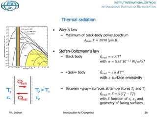 Thermal radiation
• Wien’s law
– Maximum of black-body power spectrum
𝜆𝑚𝑎𝑥 𝑇 = 2898 [μm. K]
• Stefan-Boltzmann’s law
– Black body 𝑄𝑟𝑎𝑑 = 𝜎 𝐴 𝑇4
with 𝜎 = 5.67 10−12
W/m2
K4
– «Gray» body 𝑄𝑟𝑎𝑑 = 𝜀 𝜎 𝐴 𝑇4
with 𝜀 surface emissivity
– Between «gray» surfaces at temperatures 𝑇1 and 𝑇2
𝑄𝑟𝑎𝑑 = 𝐸 𝜎 𝐴 (𝑇2
4
− 𝑇1
4
)
with 𝐸 function of 𝜀1, 𝜀2 and
geometry of facing surfaces
Ph. Lebrun Introduction to Cryogenics 26
T
1 T
2 >T
1

1 
2
Q
ra
d
1
Q
ra
d
2
 