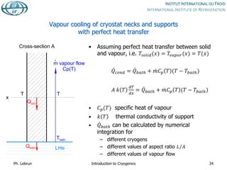 Vapour cooling of cryostat necks and supports
with perfect heat transfer
• Assuming perfect heat transfer between solid
and vapour, i.e. 𝑇𝑠𝑜𝑙𝑖𝑑(𝑥) = 𝑇𝑣𝑎𝑝𝑜𝑟(𝑥) = 𝑇(𝑥)
𝑄𝑐𝑜𝑛𝑑 = 𝑄𝑏𝑎𝑡ℎ + 𝑚𝐶𝑝 𝑇 (𝑇 − 𝑇𝑏𝑎𝑡ℎ)
𝐴 𝑘 𝑇
𝑑𝑇
𝑑𝑥
= 𝑄𝑏𝑎𝑡ℎ + 𝑚𝐶𝑝 𝑇 (𝑇 − 𝑇𝑏𝑎𝑡ℎ)
• 𝐶𝑝(𝑇) specific heat of vapour
• 𝑘 𝑇 thermal conductivity of support
• 𝑄𝑏𝑎𝑡ℎ can be calculated by numerical
integration for
– different cryogens
– different values of aspect ratio 𝐿 𝐴
– different values of vapour flow
Ph. Lebrun Introduction to Cryogenics 34
x
LHe
m vapour flow
Cp(T)
.
Qbath
Tbath
T
Qcon
T
Cross-section A
 