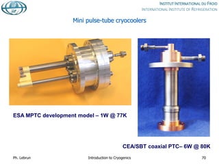 Mini pulse-tube cryocoolers
ESA MPTC development model – 1W @ 77K
CEA/SBT coaxial PTC– 6W @ 80K
Ph. Lebrun Introduction to Cryogenics 70
 