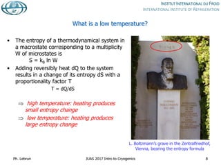 What is a low temperature?
• The entropy of a thermodynamical system in
a macrostate corresponding to a multiplicity
W of microstates is
S = kB ln W
• Adding reversibly heat dQ to the system
results in a change of its entropy dS with a
proportionality factor T
T = dQ/dS
 high temperature: heating produces
small entropy change
 low temperature: heating produces
large entropy change
L. Boltzmann’s grave in the Zentralfriedhof,
Vienna, bearing the entropy formula
Ph. Lebrun JUAS 2017 Intro to Cryogenics 8
 