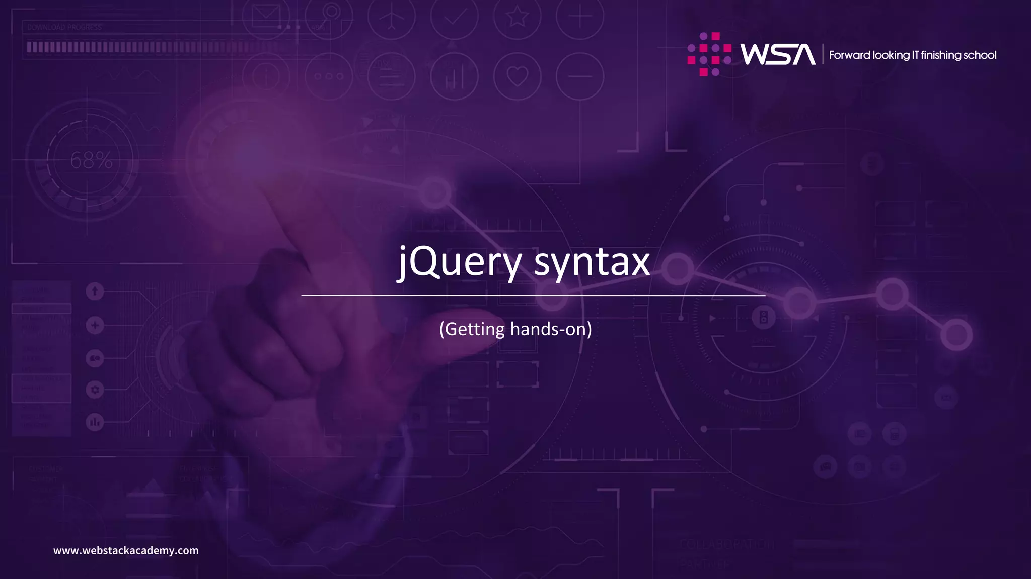 www.webstackacademy.comwww.webstackacademy.com
jQuery syntax
(Getting hands-on)
 