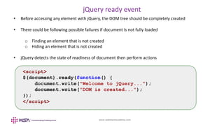 www.webstackacademy.com
jQuery ready event
• Before accessing any element with jQuery, the DOM tree should be completely created
• There could be following possible failures if document is not fully loaded
o Finding an element that is not created
o Hiding an element that is not created
• jQuery detects the state of readiness of document then perform actions
<script>
$(document).ready(function() {
document.write("Welcome to jQuery...");
document.write("DOM is created...");
});
</script>
 
