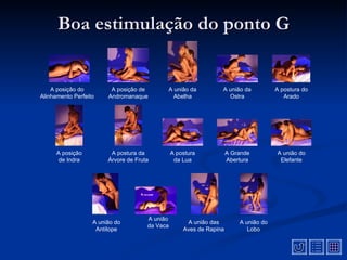 Boa estimulação do ponto G


    A posição do         A posição de       A união da           A união da           A postura do
Alinhamento Perfeito    Andromanaque          Abelha               Ostra                 Arado




      A posição          A postura da           A postura            A Grande         A união do
       de Indra         Árvore de Fruta          da Lua              Abertura          Elefante




                                      A união
                   A união do                        A união das         A união do
                                      da Vaca
                    Antílope                        Aves de Rapina          Lobo
 