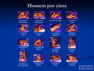 Homem por cima

A posição de      A dança do     A união do Tigre   A união do
 Missionário      Missionário                         Polvo




  A união da      A postura do     A postura do     A postura
    Ostra            Arado          Salgueiro       de Cobrir




A posição do      A postura do
   Lotus            Batente        A postura        A posição
                                   do Tigre           Indra




                  A postura de     O Móvel da       A união do
 A postura da
                     Bambu           Roda            Elefante
Árvore de fruto
 