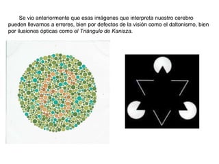 Se vio anteriormente que esas imágenes que interpreta nuestro cerebro pueden llevarnos a errores, bien por defectos de la visión como el daltonismo, bien por ilusiones ópticas como  el Triángulo de Kanisza . 