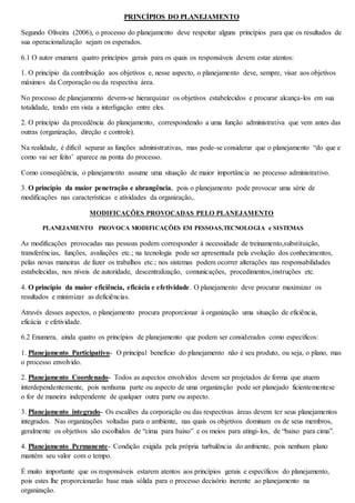 PRINCÍPIOS DO PLANEJAMENTO 
Segundo Oliveira (2006), o processo do planejamento deve respeitar alguns princípios para que os resultados de 
sua operacionalização sejam os esperados. 
6.1 O autor enumera quatro princípios gerais para os quais os responsáveis devem estar atentos: 
1. O princípio da contribuição aos objetivos e, nesse aspecto, o planejamento deve, sempre, visar aos objetivos 
máximos da Corporação ou da respectiva área. 
No processo de planejamento devem-se hierarquizar os objetivos estabelecidos e procurar alcança-los em sua 
totalidade, tendo em vista a interligação entre eles. 
2. O princípio da precedência do planejamento, correspondendo a uma função administrativa que vem antes das 
outras (organização, direção e controle). 
Na realidade, é difícil separar as funções administrativas, mas pode-se considerar que o planejamento “do que e 
como vai ser feito’ aparece na ponta do processo. 
Como conseqüência, o planejamento assume uma situação de maior importância no processo administrativo. 
3. O princípio da maior penetração e abrangência, pois o planejamento pode provocar uma série de 
modificações nas características e atividades da organização,. 
MODIFICAÇÕES PROVOCADAS PELO PLANEJAMENTO 
PLANEJAMENTO PROVOCA MODIFICAÇÕES EM PESSOAS,TECNOLOGIA e SISTEMAS 
As modificações provocadas nas pessoas podem corresponder à necessidade de treinamento,substituição, 
transferências, funções, avaliações etc.; na tecnologia pode ser apresentada pela evolução dos conhecimentos, 
pelas novas maneiras de fazer os trabalhos etc.; nos sistemas podem ocorrer alterações nas responsabilidades 
estabelecidas, nos níveis de autoridade, descentralização, comunicações, procedimentos,instruções etc. 
4. O princípio da maior eficiência, eficácia e efetividade. O planejamento deve procurar maximizar os 
resultados e minimizar as deficiências. 
Através desses aspectos, o planejamento procura proporcionar à organização uma situação de eficiência, 
eficácia e efetividade. 
6.2 Enumera, ainda quatro os princípios de planejamento que podem ser considerados como específicos: 
1. Planejamento Participativo- O principal benefício do planejamento não é seu produto, ou seja, o plano, mas 
o processo envolvido. 
2. Planejamento Coordenado- Todos as aspectos envolvidos devem ser projetados de forma que atuem 
interdependentemente, pois nenhuma parte ou aspecto de uma organização pode ser planejado ficientementese 
o for de maneira independente de qualquer outra parte ou aspecto. 
3. Planejamento integrado- Os escalões da corporação ou das respectivas áreas devem ter seus planejamentos 
integrados. Nas organizações voltadas para o ambiente, nas quais os objetivos dominam os de seus membros, 
geralmente os objetivos são escolhidos de “cima para baixo” e os meios para atingi- los, de “baixo para cima”. 
4. Planejamento Permanente- Condição exigida pela própria turbulência do ambiente, pois nenhum plano 
mantém seu valor com o tempo. 
É muito importante que os responsáveis estarem atentos aos princípios gerais e específicos do planejamento, 
pois estes lhe proporcionarão base mais sólida para o processo decisório inerente ao planejamento na 
organização. 
 