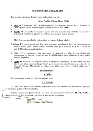 OS COMPONETES DO EXCEL 2003 
Este software é composto de cinco partes fundamentais, que são: 
Pasta. Planilha. Coluna. Linha. Célula. 
1. Pasta  É denominada “PASTA” todo arquivo que for criado neste software “Excel”. Tudo que for 
criado e posteriormente será um arquivo, porém considerado uma PASTA. 
2. 
3. Planilha  Uma planilha é considerada a parte onde será executado todo o trabalho por isso esta é 
fundamental, se não temos planilha não podemos criar qualquer calculo que seja. 
OBS: Dentro de uma planilha estão contidas as colunas, linhas e células. 
3. Coluna É o espaçamento entre dois traços na vertical. As colunas do Excel são representadas em 
letras de acordo coma a ordem alfabética crescente sendo que a ordem vai de A até IV, e tem no 
total de 256 colunas em cada planilha. 
4. Linha É o espaçamento entre dois traços na horizontal. As linhas de uma planilha são 
representadas em números, formam um total de 65.536 linhas e estão localizadas na parte vertical 
esquerda da planilha. 
5. 
6. Célula  As células são formadas através da intersecção “cruzamento” de uma coluna com uma 
linha e, cada célula tem um endereço “nome” que é mostrado na caixa de nomes que se encontra na 
Barra de Fórmulas. Multiplicando as colunas pelas linhas vamos obter o total de células que é 
16.777.216. 
Os componentes… 
A PASTA 
Todos os arquivos criados no Excel denominamos pasta. 
A PLANILHA 
O Excel 2003 possui varias planilhas, (Inicialmente temos 03 planilhas para trabalharmos, mas que 
posteriormente podem podem ser alteradas). 
Podemos localizar uma planilha através dos nomes que elas receberam inicialmente PLAN1, PLAN2... 
Na parte inferior da Área de Trabalho, que recebe o nome de guia de planilhas. 
 