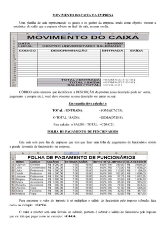 MOVIMENTO DO CAIXA DA EMPRESA 
Uma planilha de aula representando os gastos e os ganhos da empresa, tendo como objetivo mostrar a 
estatística do saldo que a empresa obteve no final do mês, semana ou dia. 
CÓDIGO serão números que identificam a DESCRIÇÃO do produto (essa descrição pode ser venda, 
pagamento e compra etc.), você deve observar se essa descrição vai entrar ou sair. 
Em seguida deve calcular o 
TOTAL / ENTRADA: =SOMA(C7:C18). 
O TOTAL / SAÍDA: =SOMA(D7:D18). 
Para calcular o SALDO / TOTAL: =C20-C21. 
FOLHA DE PAGAMENTO DE FUNCIONÁRIOS 
Esta aula será para fins de empresas que tem que fazer uma folha de pagamentos de funcionários devido 
a grande demanda de funcionários na empresa. 
Para encontrar o valor do imposto é só multiplicar o salário do funcionário pelo imposto cobrado, faça 
como no exemplo: =C4*F4. 
O valor a receber será uma fórmula de subtrair, portanto é subtrair o salário do funcionário pelo imposto 
que ele terá que pagar como no exemplo: =C4-G4. 
 