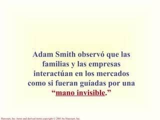 Adam Smith observó que las familias y las empresas interactúan en los mercados como si fueran guíadas por una   “ mano invisible .” 