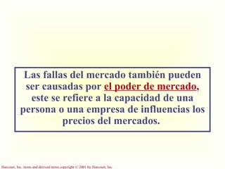 Las fallas del mercado también pueden ser causadas por  el poder de mercado ,   este se refiere a la capacidad de una persona o una empresa de influencias los precios del mercados.  