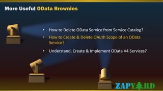 More Useful OData Brownies
• How to Delete OData Service from Service Catalog?
• How to Create & Delete OAuth Scope of an OData
Service?
• Understand, Create & Implement OData V4 Services?
 