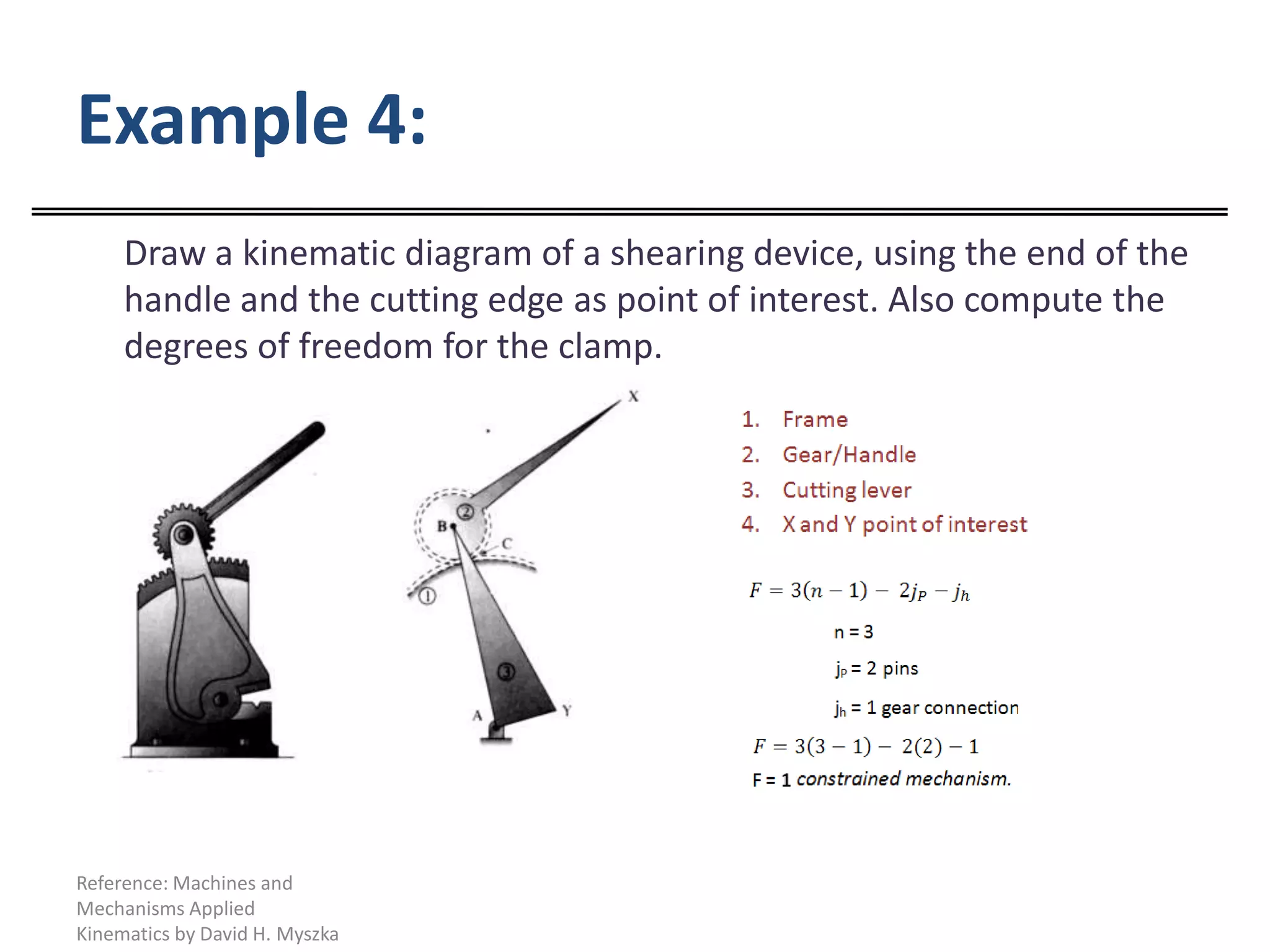 Example 4:	Draw a kinematic diagram of a shearing device, using the end of the handle and the cutting edge as point of interest. Also compute the degrees of freedom for the clamp.Reference: Machines and Mechanisms Applied Kinematics by David H. Myszka
