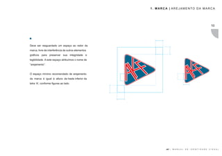 1. MARCA | AREJAMENTO DA MARCA




                                                                                                               10




Deve ser resguardado um espaço ao redor da
marca, livre de interferência de outros elementos
gráficos para preservar sua integridade e
legibilidade. A este espaço atribuímos o nome de
“arejamento”.


O espaço mínimo recomendado de arejamento
da marca é igual à altura da haste inferior da
letra ‘A’, conforme figuras ao lado.




                                                           AKF |   M A N U A L   D E   I D E N T I D A D E   V I S U A L
 