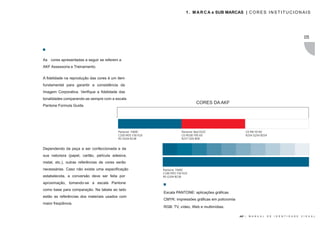 1 . M A R C A e SUB MARCAS | C O R E S I N S T I T U C I O N A I S




                                                                                                                                                            05



As cores apresentadas a seguir se referem a
AKF Assessoria e Treinamento.


A fidelidade na reprodução das cores é um item
fundamental para garantir a consistência da
Imagem Corporativa. Verifique a fidelidade das
tonalidades comparando-as sempre com a escala
                                                                                   CORES DA AKF
Pantone Formula Guide.




                                          Pantone: 7469C                 Pantone: Red 032C                  C0 M0 Y0 K0
                                          C100 M55 Y30 K10               C0 M100 Y95 K0                     R254 G254 B254
                                          R5 G104 B138                   R237 G50 B58


Dependendo da peça a ser confeccionada e da
sua natureza (papel, cartão, película adesiva,
metal, etc.), outras referências de cores serão
necessárias. Caso não exista uma especificação               Pantone: 7469C
                                                             C100 M55 Y30 K10
estabelecida, a conversão deve ser feita por                 R5 G104 B138

aproximação, tomando-se a escala Pantone
como base para comparação. Na tabela ao lado
                                                             Escala PANTONE: aplicações gráficas
estão as referências dos materiais usados com
                                                             CMYK: impressões gráficas em policromia
maior freqüência.
                                                             RGB: TV, vídeo, Web e multimídias.

                                                                                                        AKF |   M A N U A L   D E   I D E N T I D A D E   V I S U A L
 