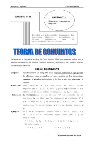 Teoría de Conjuntos Fidel Vera Obeso
OBJETIVO N° 01
Determinar y representar
conjuntos.
Estudie la información destacando los
conceptos básicos, notaciones y
formas existentes para la
determinación de conjuntos.
ACTIVIDAD N° 01
Así como en la Geometría las ideas de Punto, Recta y Plano son conceptos básicos que se
admiten sin definición; las ideas de Conjunto, Elemento y Pertenencia son, también, ideas no
susceptibles de definición.
NNOOCCIIÓÓNN DDEE CCOONNJJUUNNTTOO
Conjunto: Intuitivamente un conjunto es la reunión, colección o agrupación
de objetos reales o ideales, a estos objetos se les denominan
elementos ó miembros del conjunto, y de ellos se dice que pertenecen al
conjunto.
Notación: Para denotar a los conjuntos se usan letras
mayúsculas: A, B, C, X, etc. y para representar a sus
elementos se usan letras minúsculas: a, b, c, etc.
Relación de Pertenencia: Si un objeto “x” es elemento de un
conjunto A, se dice que “x pertenece al conjunto A” ó
que “x está en A”, y se denota por: x ∈ A. En caso
contrario, “x no pertenece a A” y se denota por: x ∉
A.
Ejemplo: Si A es el conjunto formado por: 8, -2, 6, {0,1}, 3 y
1; y B es el conjunto constituido por: 0 y 1;
escribimos:
A = { 8, -2, 6, { 0, 1 }, 3 , 1 ]; B = { 0, 1 }.
En este caso:
8 ∈ A...( V ) -2 ∈ A...( V )
1 Universidad Nacional del Santa
 