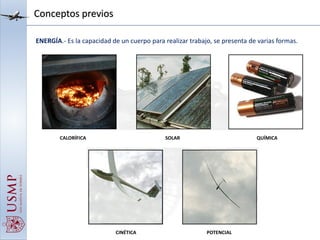 Conceptos previos
ENERGÍA.- Es la capacidad de un cuerpo para realizar trabajo, se presenta de varias formas.
CALORÍFICA SOLAR QUÍMICA
CINÉTICA POTENCIAL
 