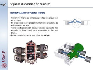 Según la disposición de cilindros
HORIZONTALMENTE OPUESTOS (BOXER)
-Tienen dos hileras de cilindros opuestos con el cigüeñal
en el centro.
-En aviación es usado predominantemente el sistema de
enfriamiento por aire.
-Tiene una baja relación peso-potencia y su silueta más
estrecha lo hace ideal para instalación en las alas
(twin).
-Posee características de baja vibración. O-360.
 