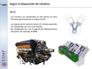 Según la disposición de cilindros
EN “V”
-Los cilindros son distribuidos en dos hileras en línea
formando generalmente un ángulo de 60°.
-La mayoría de los motores tienen 12 cilindros pudiendo
ser refrigerados por aire o por líquido.
-Son designados por una V seguida del desplazamiento
del pistón. Por ejemplo, V-1710.
 
