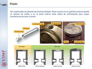 Pistón
Son maquinados de aleación de aluminio forjado. Posee ranuras en la superficie externa donde
se colocan los anillos y en la parte interna tiene aletas de enfriamiento para mayor
transferencia de calor al aceite.
 