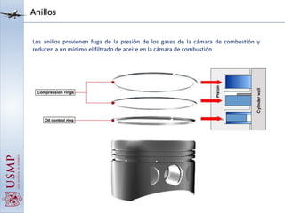 Anillos
Los anillos previenen fuga de la presión de los gases de la cámara de combustión y
reducen a un mínimo el filtrado de aceite en la cámara de combustión.
 