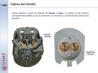 Cabeza del Cilindro
Posee asientos y guías de válvulas de bronce o acero. La cabeza es de aluminio
principalmente debido a que es resistente a la corrosión y al tetraetilo de plomo de la
gasolina.
 