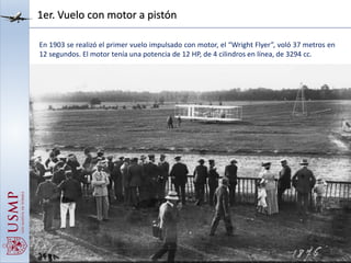 1er. Vuelo con motor a pistón
En 1903 se realizó el primer vuelo impulsado con motor, el “Wright Flyer”, voló 37 metros en
12 segundos. El motor tenía una potencia de 12 HP, de 4 cilindros en línea, de 3294 cc.
 