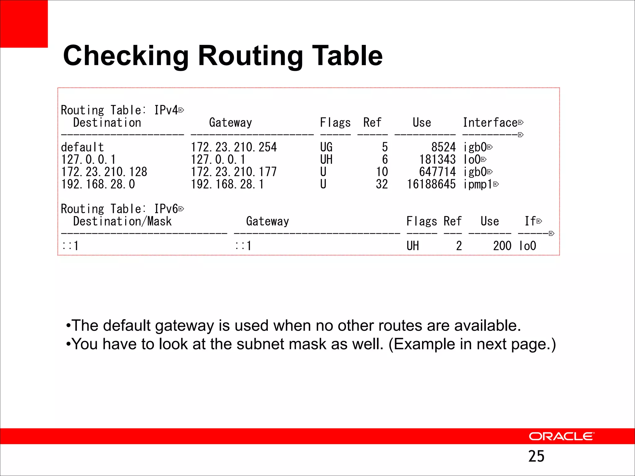 Checking Routing Table
"

RRoouuttiinngg 	
 TTaabbllee:: 	
 IIPPvv44


 	
  	
 DDeessttiinnaattiioonn 	
  	
  	
  	
  	
  	
  	
  	
  	
  	
  	
 GGaatteewwaayy 	
  	
  	
  	
  	
  	
  	
  	
  	
  	
  	
 FFllaaggss 	
  	
 RReeff 	
  	
  	
  	
  	
 UUssee 	
  	
  	
  	
  	
 IInntteerrffaaccee


---------------------------------------- 	
 ---------------------------------------- 	
 ---------- 	
 ---------- 	
 -------------------- 	
 ------------------


ddeeffaauulltt 	
  	
  	
  	
  	
  	
  	
  	
  	
  	
  	
  	
  	
  	
 117722..2233..221100..225544 	
  	
  	
  	
  	
  	
  	
 UUGG 	
  	
  	
  	
  	
  	
  	
  	
 55 	
  	
  	
  	
  	
  	
  	
 88552244 	
 iiggbb00


112277..00..00..11 	
  	
  	
  	
  	
  	
  	
  	
  	
  	
  	
  	
 112277..00..00..11 	
  	
  	
  	
  	
  	
  	
  	
  	
  	
  	
  	
 UUHH 	
  	
  	
  	
  	
  	
  	
  	
 66 	
  	
  	
  	
  	
 118811334433 	
 lloo00


117722..2233..221100..112288 	
  	
  	
  	
  	
  	
  	
 117722..2233..221100..117777 	
  	
  	
  	
  	
  	
  	
 UU 	
  	
  	
  	
  	
  	
  	
  	
 1100 	
  	
  	
  	
  	
 664477771144 	
 iiggbb00


119922..116688..2288..00 	
  	
  	
  	
  	
  	
  	
  	
  	
 119922..116688..2288..11 	
  	
  	
  	
  	
  	
  	
  	
  	
 UU 	
  	
  	
  	
  	
  	
  	
  	
 3322 	
  	
  	
 1166118888664455 	
 iippmmpp11



"

RRoouuttiinngg 	
 TTaabbllee:: 	
 IIPPvv66


 	
  	
 DDeessttiinnaattiioonn//MMaasskk 	
  	
  	
  	
  	
  	
  	
  	
  	
  	
  	
  	
 GGaatteewwaayy 	
  	
  	
  	
  	
  	
  	
  	
  	
  	
  	
  	
  	
  	
  	
  	
  	
  	
  	
 FFllaaggss 	
 RReeff 	
  	
  	
 UUssee 	
  	
  	
  	
 IIff


------------------------------------------------------ 	
 ------------------------------------------------------ 	
 ---------- 	
 ------ 	
 -------------- 	
 ----------


::::11 	
  	
  	
  	
  	
  	
  	
  	
  	
  	
  	
  	
  	
  	
  	
  	
  	
  	
  	
  	
  	
  	
  	
  	
  	
 ::::11 	
  	
  	
  	
  	
  	
  	
  	
  	
  	
  	
  	
  	
  	
  	
  	
  	
  	
  	
  	
  	
  	
  	
  	
  	
 UUHH 	
  	
  	
  	
  	
  	
 22 	
  	
  	
  	
  	
 220000 	
 lloo00

•The default gateway is used when no other routes are available.
•You have to look at the subnet mask as well. (Example in next page.)

!25

 