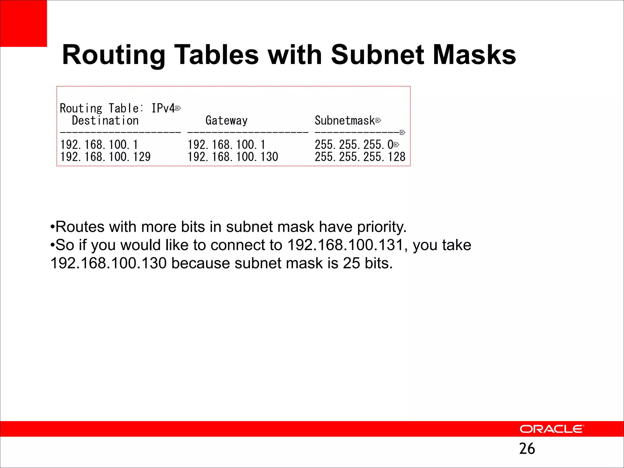 Routing Tables with Subnet Masks
"

RRoouuttiinngg 	
 TTaabbllee:: 	
 IIPPvv44


 	
  	
 DDeessttiinnaattiioonn 	
  	
  	
  	
  	
  	
  	
  	
  	
  	
  	
 GGaatteewwaayy 	
  	
  	
  	
  	
  	
  	
  	
  	
  	
  	
 SSuubbnneettmmaasskk


---------------------------------------- 	
 ---------------------------------------- 	
 ----------------------------


119922..116688..110000..11 	
  	
  	
  	
  	
  	
  	
  	
 119922..116688..110000..11 	
  	
  	
  	
  	
  	
  	
  	
 225555..225555..225555..00


119922..116688..110000..112299 	
  	
  	
  	
  	
  	
 119922..116688..110000..113300 	
  	
  	
  	
  	
  	
 225555..225555..225555..112288

•Routes with more bits in subnet mask have priority.
•So if you would like to connect to 192.168.100.131, you take
192.168.100.130 because subnet mask is 25 bits.

!26

 