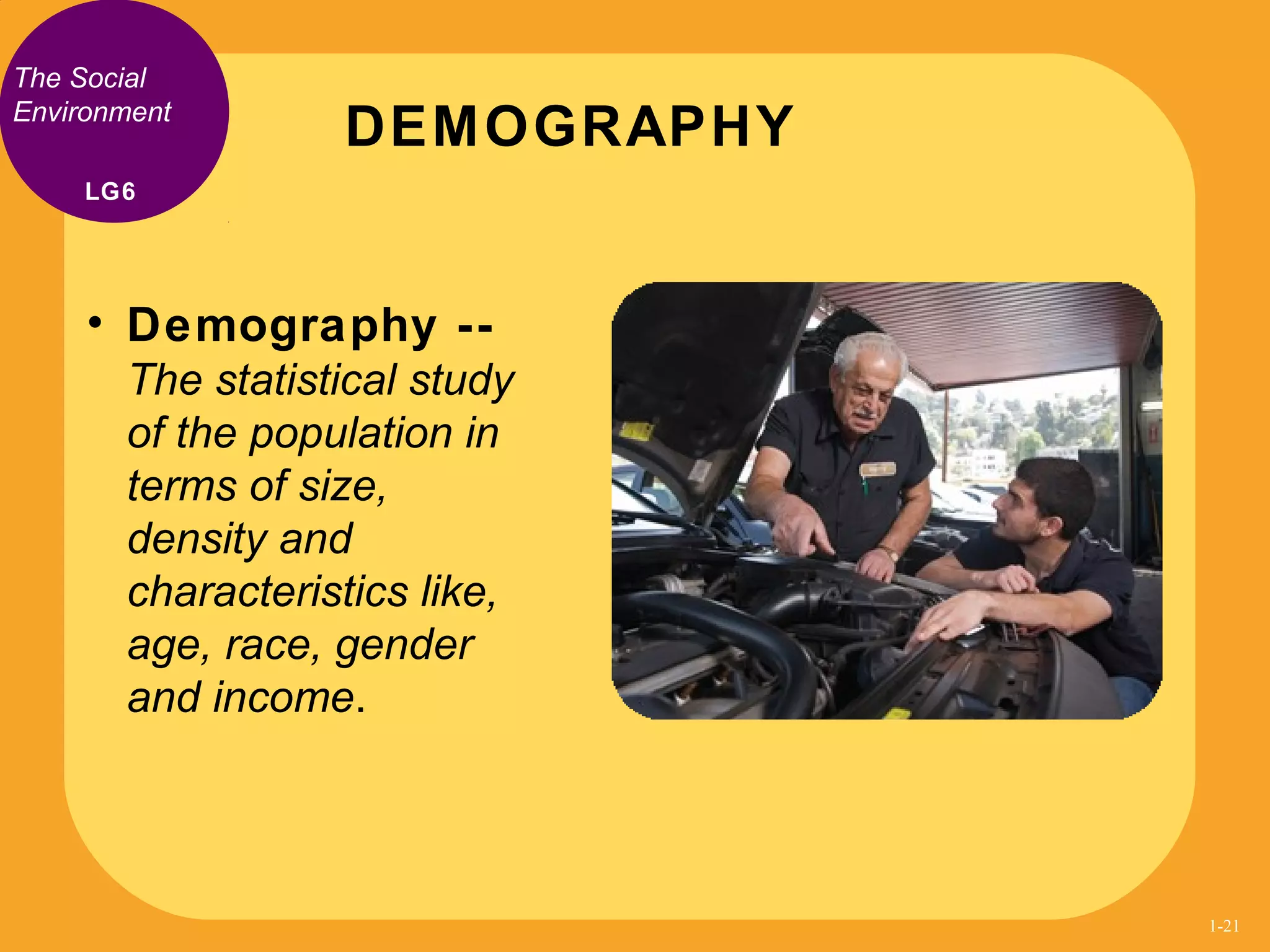 • Demography --
The statistical study
of the population in
terms of size,
density and
characteristics like,
age, race, gender
and income.
DEMOGRAPHY
The Social
Environment
LG6
1-21
 