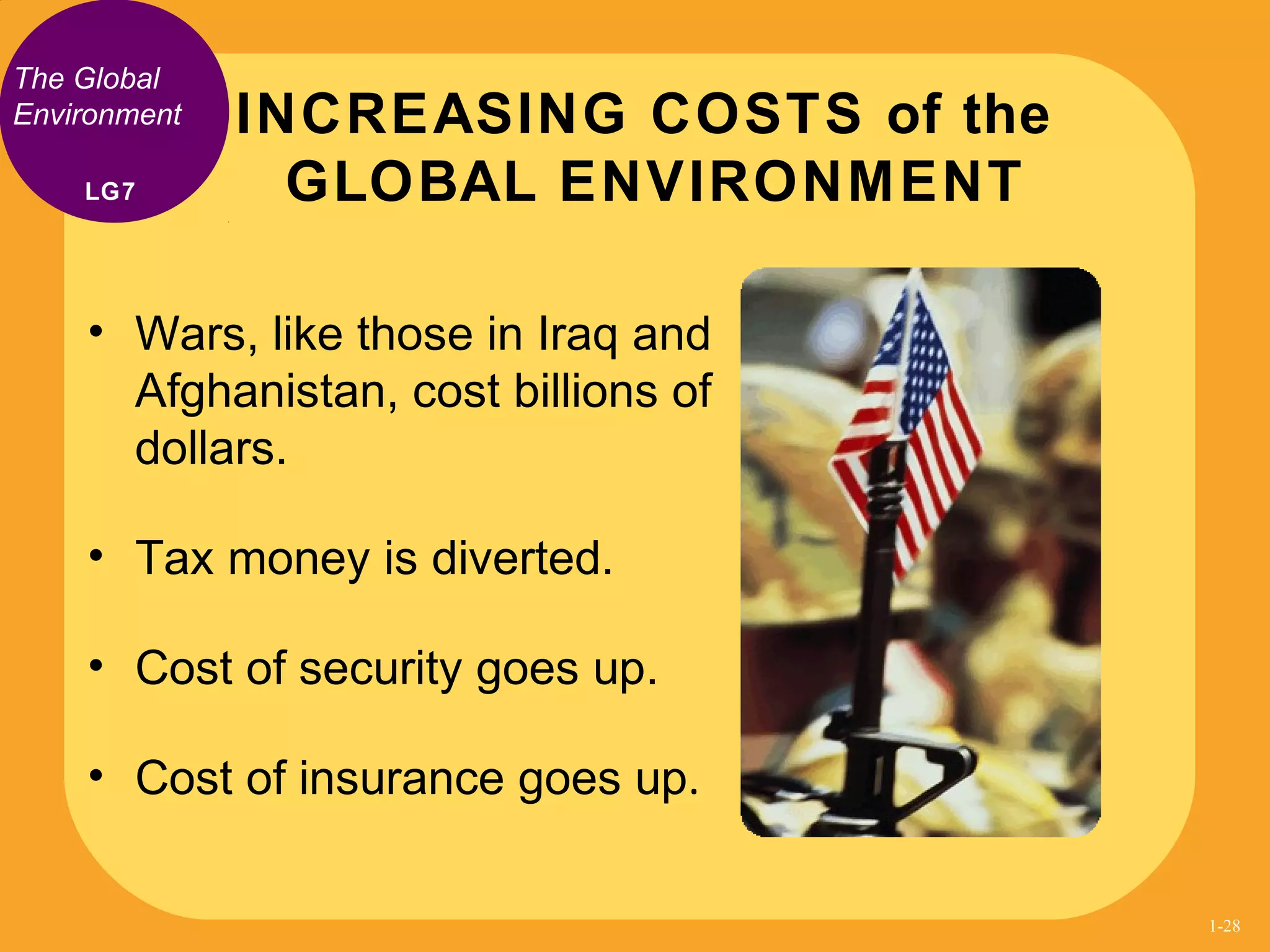 The Global
Environment
• Wars, like those in Iraq and
Afghanistan, cost billions of
dollars.
• Tax money is diverted.
• Cost of security goes up.
• Cost of insurance goes up.
INCREASING COSTS of the
GLOBAL ENVIRONMENTLG7
1-28
 