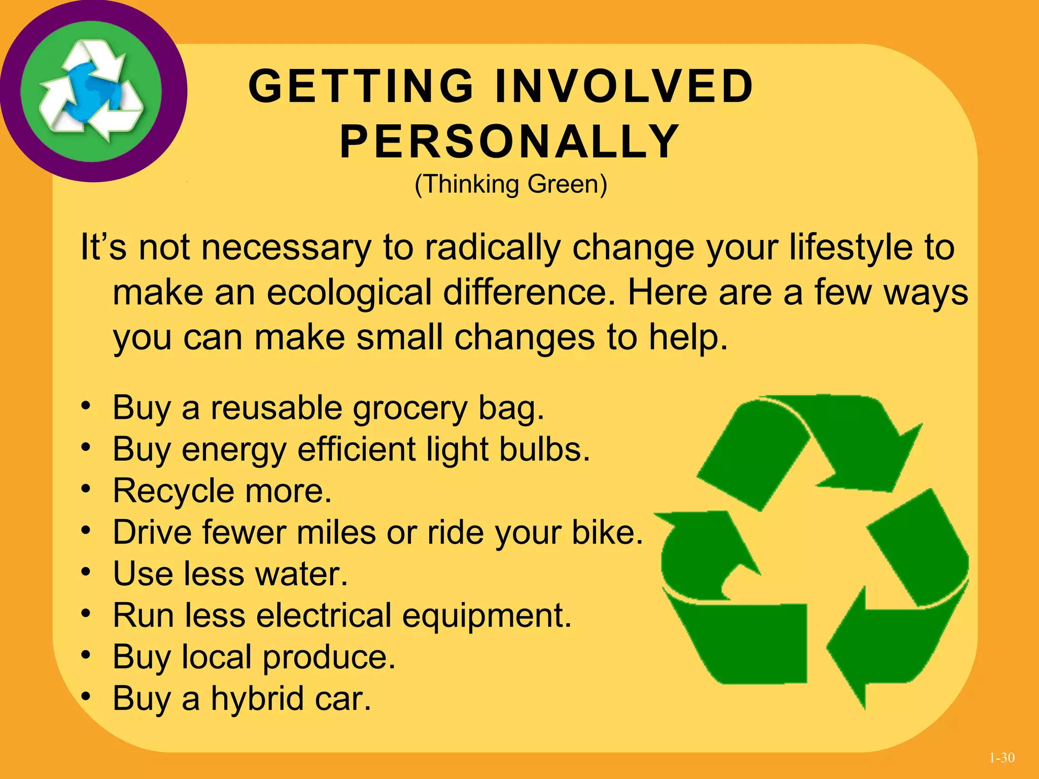 It’s not necessary to radically change your lifestyle to
make an ecological difference. Here are a few ways
you can make small changes to help.
• Buy a reusable grocery bag.
• Buy energy efficient light bulbs.
• Recycle more.
• Drive fewer miles or ride your bike.
• Use less water.
• Run less electrical equipment.
• Buy local produce.
• Buy a hybrid car.
GETTING INVOLVED
PERSONALLY
(Thinking Green)
1-30
 